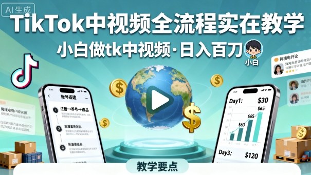 TikTok中视频全流程实操教学,小白做tk中视频,日入百刀-星空网创资源
