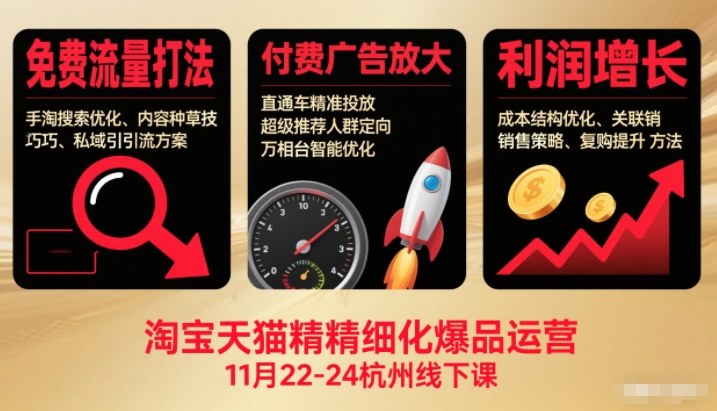 淘宝天猫精细化爆品运营11月22-24杭州线下课,免费流量打法+付费广告放大+利润增长(音频+文档)-星空网创资源