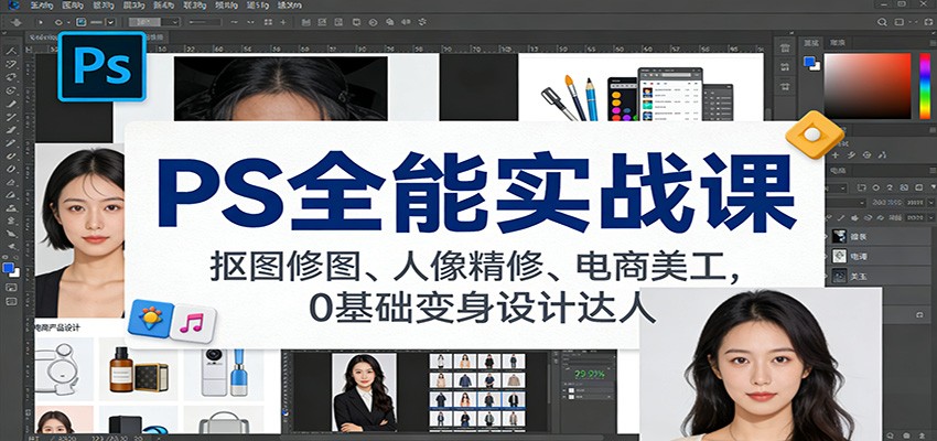 PS全能实战课:抠图修图、人像精修、电商美工,0基础变身设计达人-星空网创资源