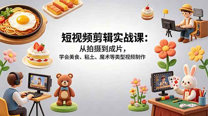 （18375期）短视频剪辑实战课：从拍摄到成片，学会美食、粘土、魔术等类型视频制作-星空网创资源