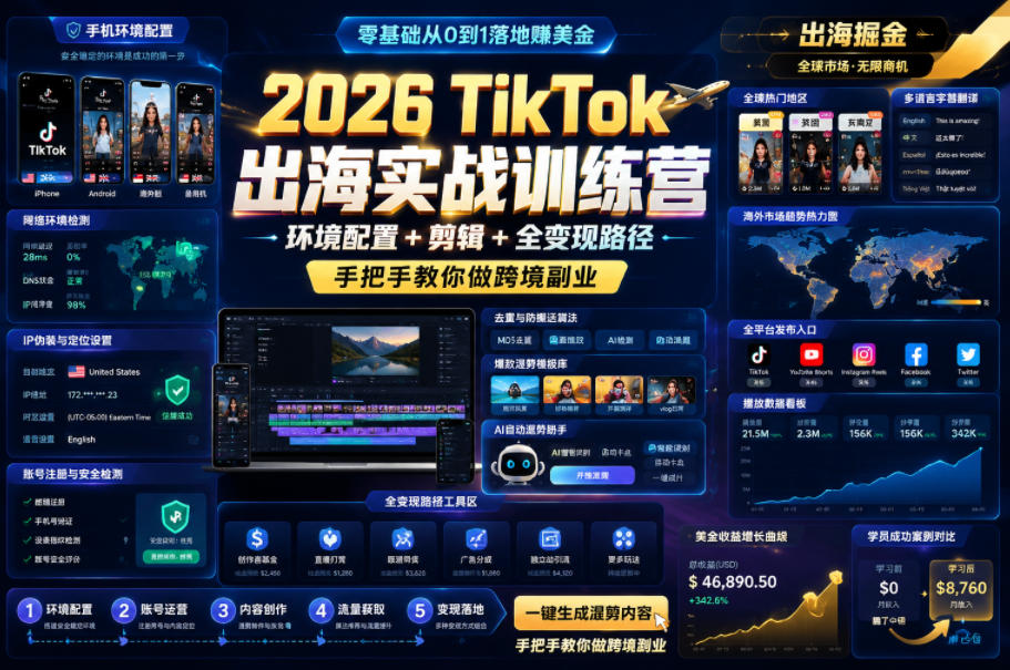 2026 TikTok出海实战训练营,环境配置 + 剪辑 + 全变现路径,手把手教你做跨境副业-星空网创资源