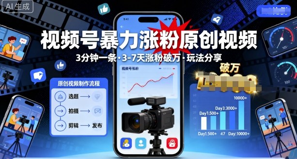 视频号暴力涨粉原创视频,3分钟一条原创视频,3-7天涨粉破万,玩法分享给你