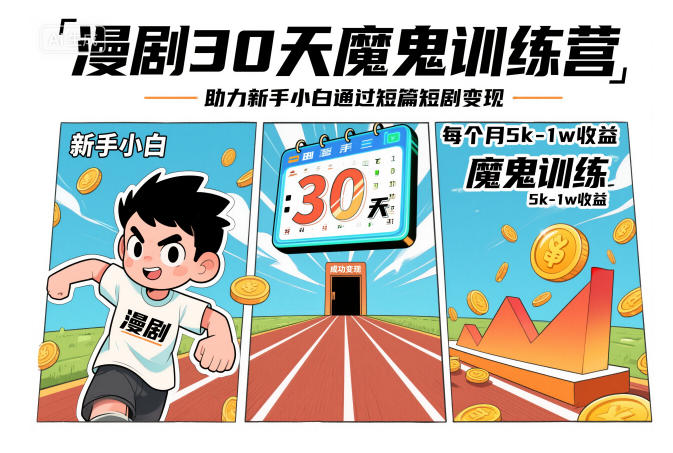 漫剧30天魔鬼训练营,助力新手小白通过短篇短剧变现,每个月5k-1w收益