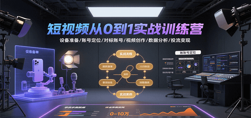 短视频从0到1实战训练营：设备准备/账号定位/对标账号/视频创作/数据分析/投流变现-星空网创资源