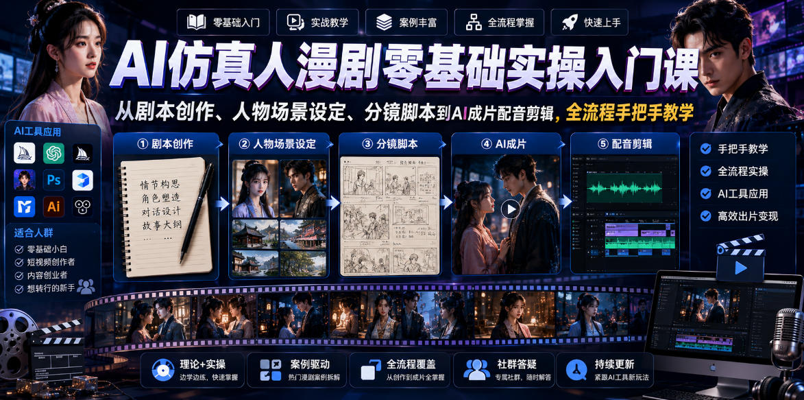 AI仿真人漫剧零基础实操入门课，从剧本创作、人物场景设定、分镜脚本到AI成片配音剪辑，全流程手把手教学-星空网创资源