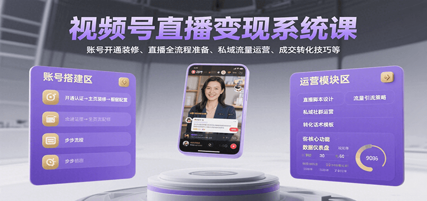 视频号直播变现系统课,账号开通装修、直播全流程准备、私域流量运营、成交转化技巧等-星空网创资源