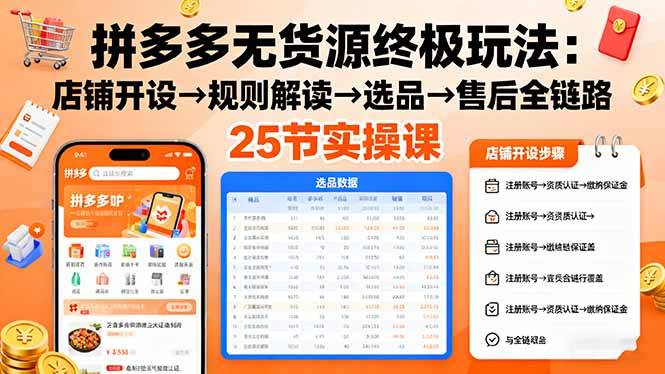 (16297期)拼多多无货源终极玩法:店铺开设→规则解读→选品→售后全链路,25节实操课-星空网创资源