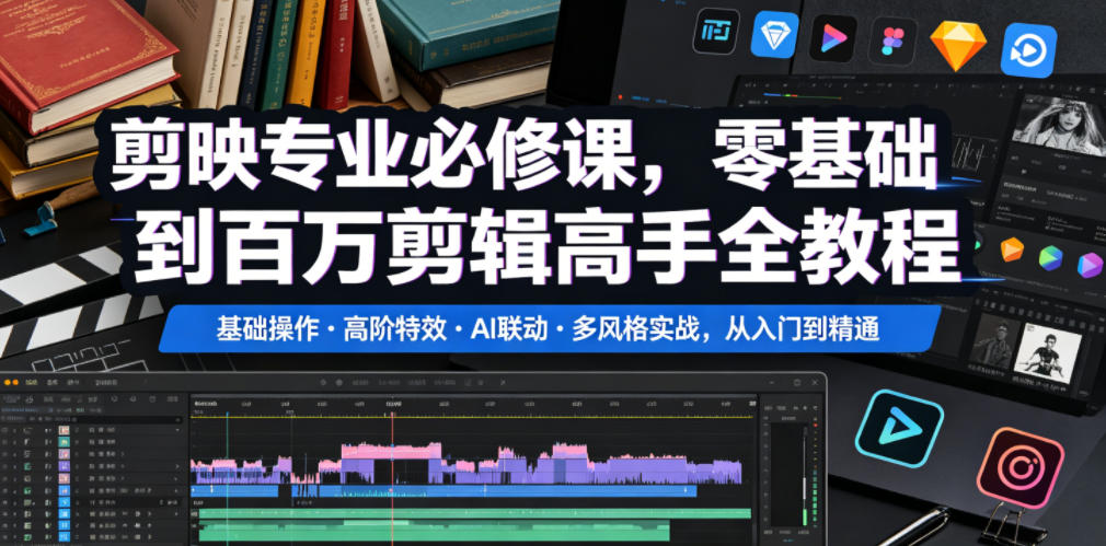 剪映专业必修课,零基础到百万剪辑高手全教程,基础操作・高阶特效・AI联动・多风格实战,从入门到精通-星空网创资源