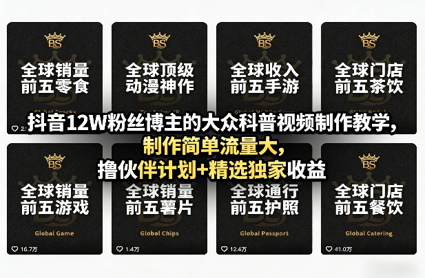 抖音12W粉丝博主的大众科普视频制作教学，制作简单流量大，撸伙伴计划+精选独家收益-星空网创资源