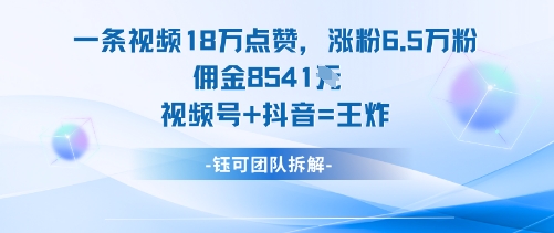 一条视频18W点赞，涨粉6.5W粉佣金8541米，视频号+抖音=王炸-星空网创资源