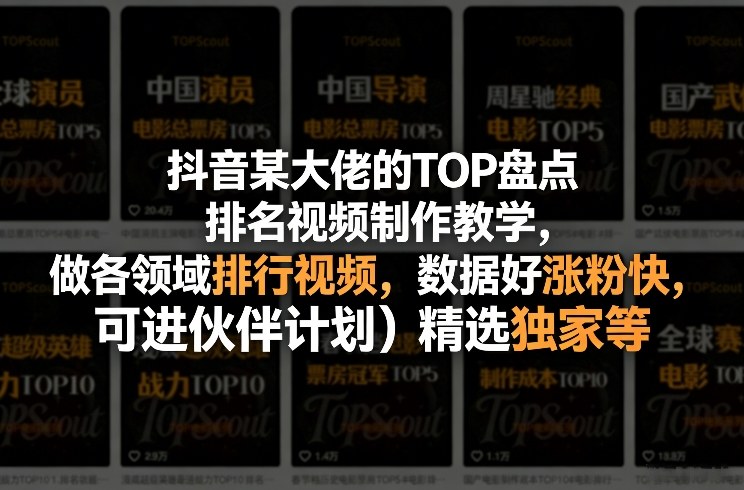 抖音某大佬的TOP盘点排名视频制作,做各领域排行视频,数据好涨粉快,可进伙伴计划+精选独家等-星空网创资源