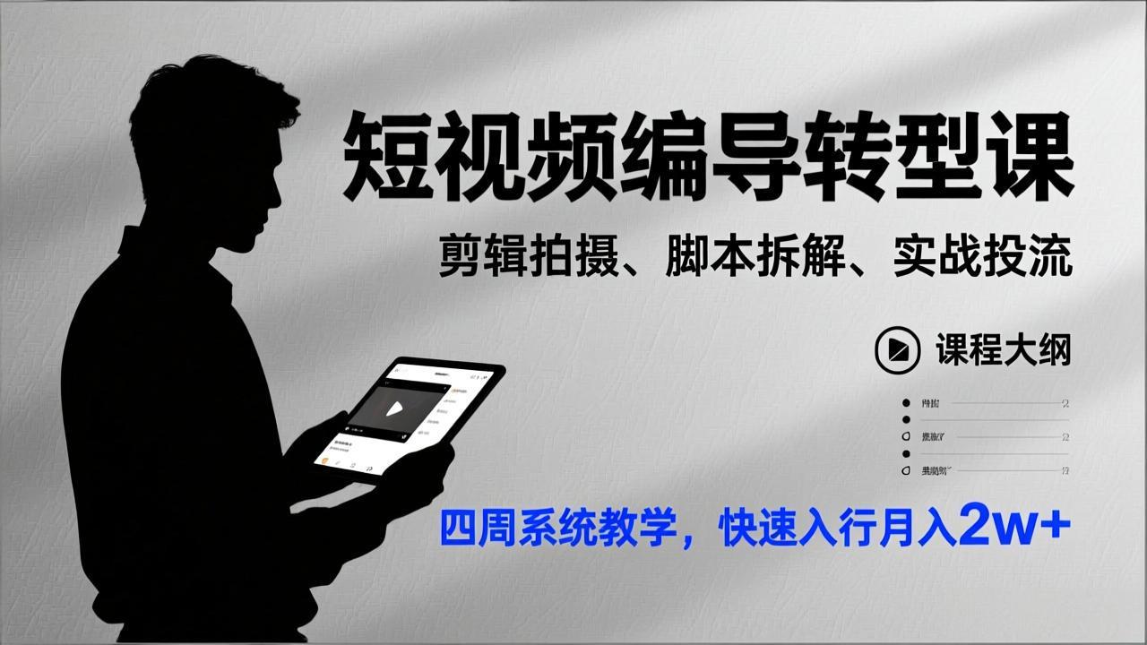 短视频编导转型课,剪辑拍摄、脚本拆解、实战投流,四周系统教学,快速入行月入2w+-星空网创资源