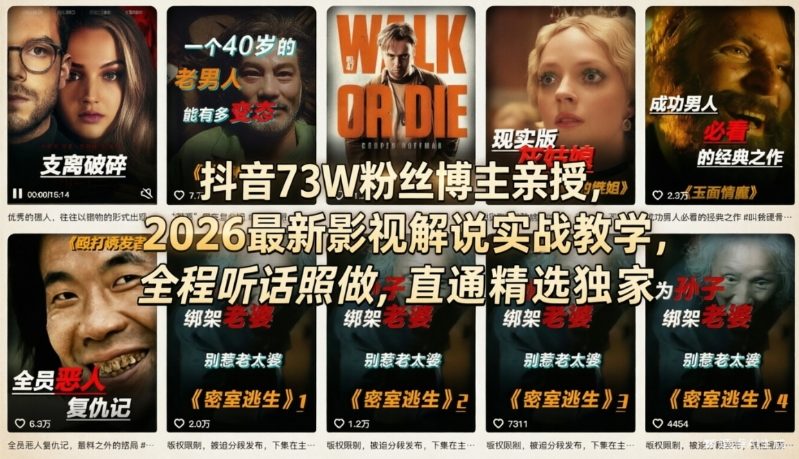 抖音73W粉丝博主亲授,2026最新影视解说实战教学,全程听话照做,直通精选独家-星空网创资源