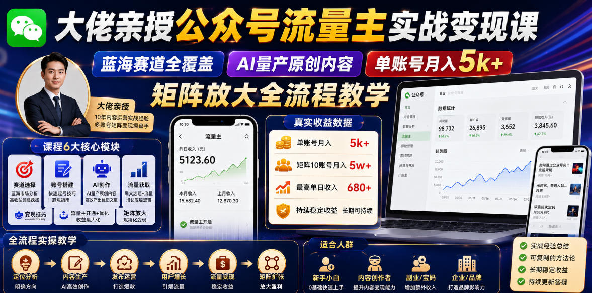 大佬亲授公众号流量主实战变现课,蓝海赛道全覆盖,AI量产原创内容,单账号月入5k+矩阵放大全流程教学-星空网创资源