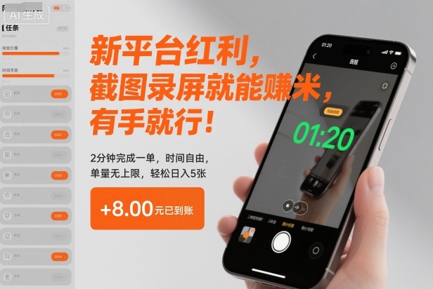 新平台红利,截图录屏就能賺米,有手就行!2分钟完成一单,时间自由,单量无上限,轻松日入5张【揭秘】-星空网创资源