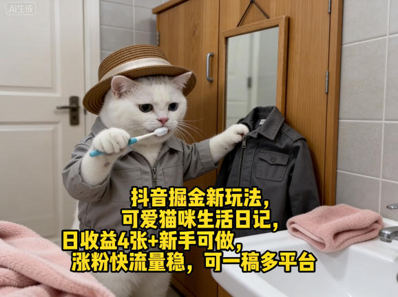 抖音掘金新玩法,可爱猫咪生活日记,日收益4张+新手可做,涨粉快流量稳,可一稿多平台-星空网创资源