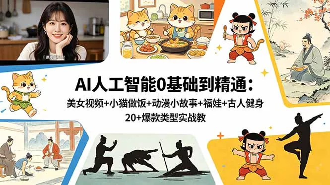 AI人工智能0基础到精通:美女视频+小猫做饭+动漫小故事+福娃+古人健身,20+爆款类型实战教学-星空网创资源