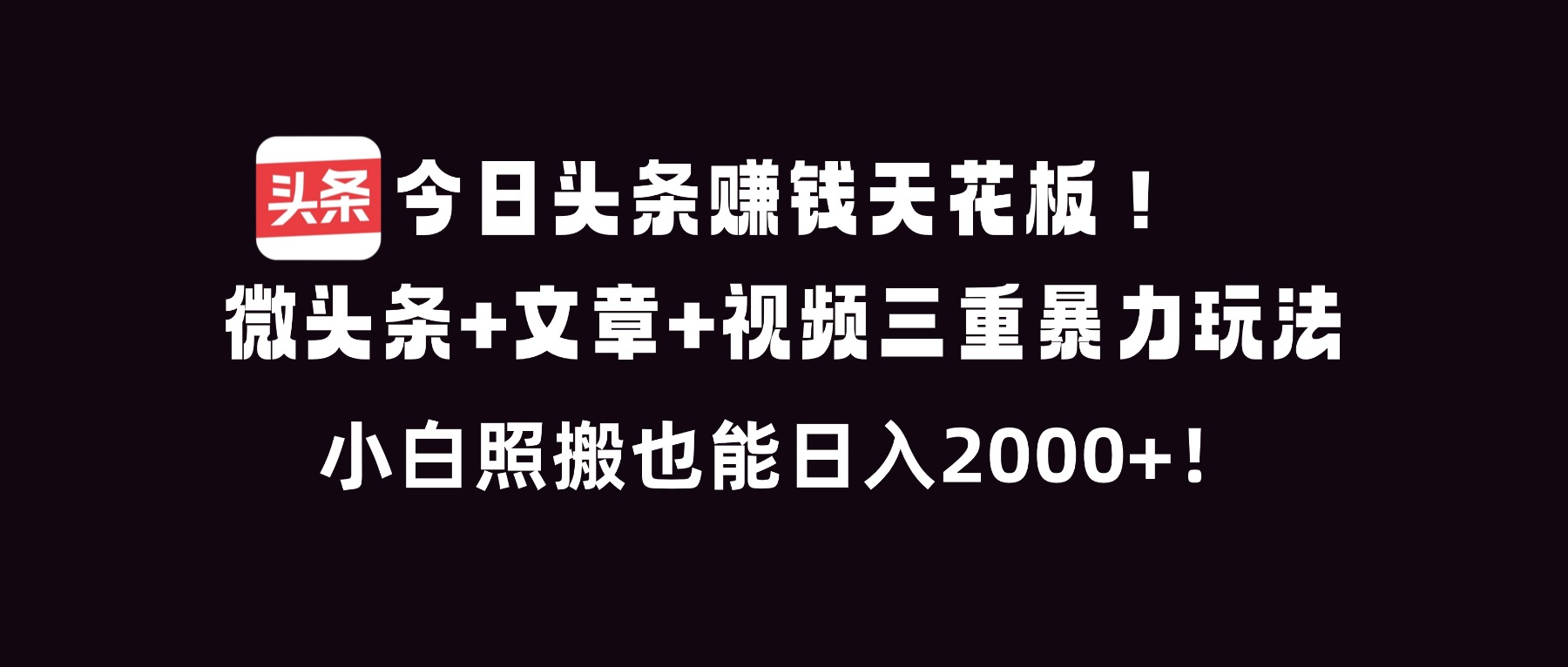 今日头条赚钱天花板!微头条+文章+视频三重暴利玩法,小白照搬也能日人2000+-星空网创资源