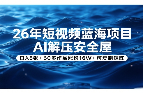 26年短视频蓝海项目，AI解压安全屋，日入8张+60多作品涨粉16W+可复制矩阵-星空网创资源