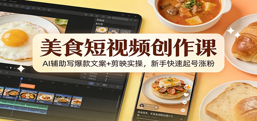 美食短视频创作课：AI辅助写爆款文案+剪映实操，新手快速起号涨粉-星空网创资源
