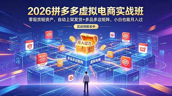 (18879期)2026拼多多虚拟电商实战班:零囤货轻资产,自动上架发货+多品多店矩阵,小白也能月入过万-星空网创资源