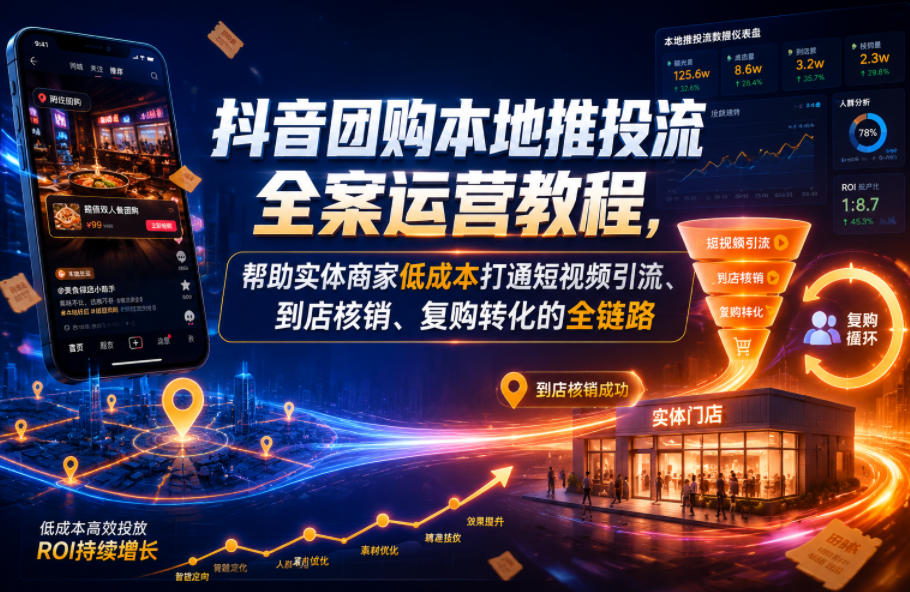 抖音团购本地推投流全案运营教程,帮助实体商家低成本打通短视频引流、到店核销、复购转化的全链路-星空网创资源