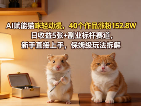 AI赋能猫咪轻动漫,40个作品涨粉152.8W,日收益5张+副业标杆赛道,新手直接上手,保姆级玩法拆解-星空网创资源