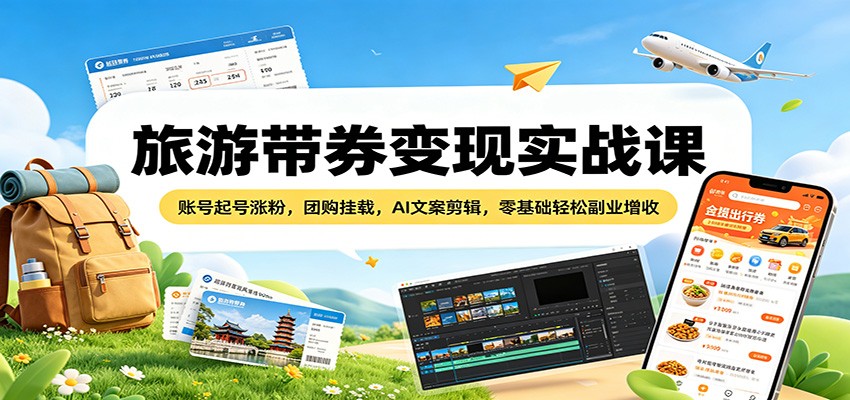 旅游带券变现实战课：账号起号涨粉，团购挂载，AI文案剪辑，零基础轻松副业增收-星空网创资源