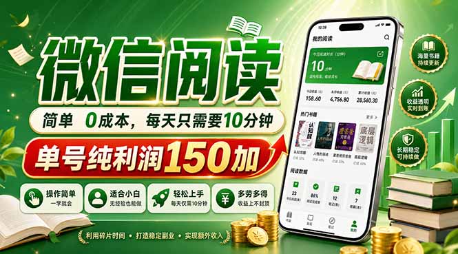 最新微信阅读，每日10分钟，单号利润150+，可批量放大操作，简单0成本-星空网创资源
