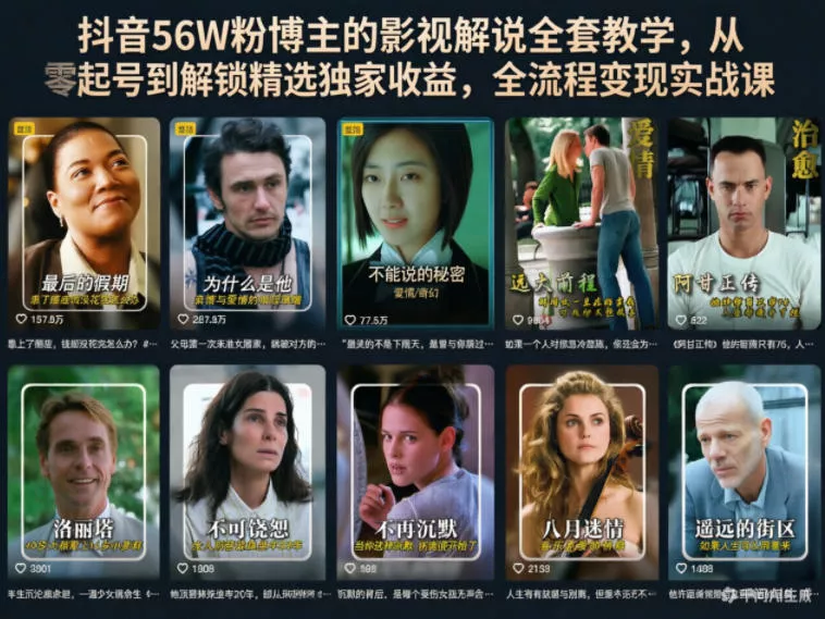 抖音56W粉博主的影视解说全套教学,从零起号到解锁精选独家收益,全流程变现实战课-星空网创资源