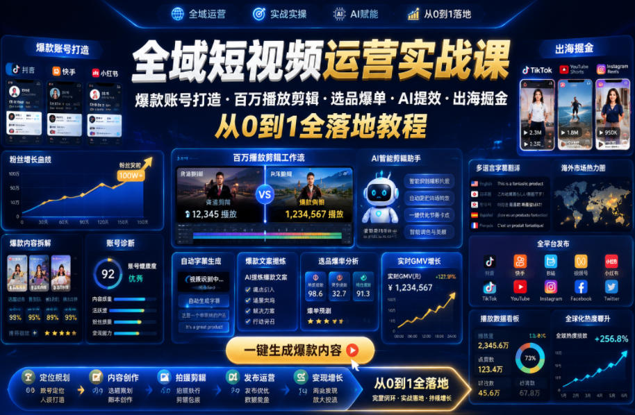 全域短视频运营实战课,爆款账号打造・百万播放剪辑・选品爆单・AI提效・出海掘金,从0到1全落地教程-星空网创资源