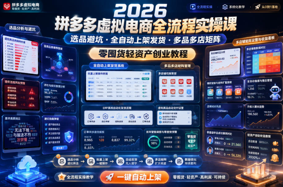 2026拼多多虚拟电商全流程实操课,选品避坑・全自动上架发货・多品多店矩阵,零囤货轻资产创业教程-星空网创资源