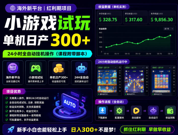 海外新平台，小游戏试玩，单机日产300+，24小时全自动挂G操作（课程附带脚本）【揭秘】-星空网创资源