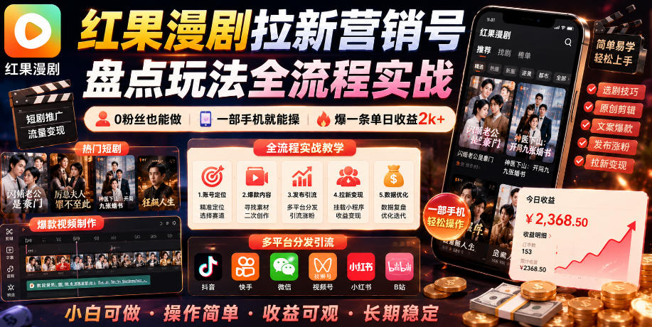 红果漫剧拉新营销号盘点玩法全流程实战,0粉丝也能做,一部手机就能做,爆一条单日收益2k+-星空网创资源