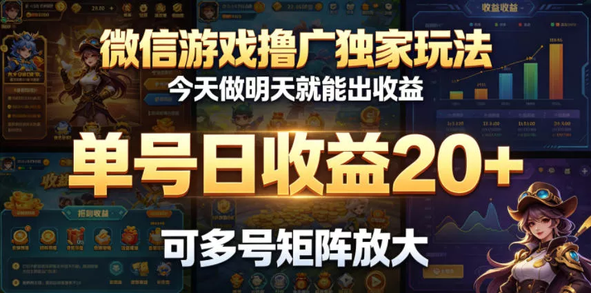 微信游戏撸广独家玩法,今天做明天就能出收益,单号日收益20+,可多号矩阵放大-星空网创资源
