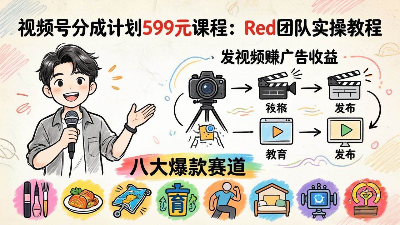 (18088期)视频号分成计划599元课程:Red团队实操教程,发视频赚广告收益,八大爆款赛道全掌握-星空网创资源