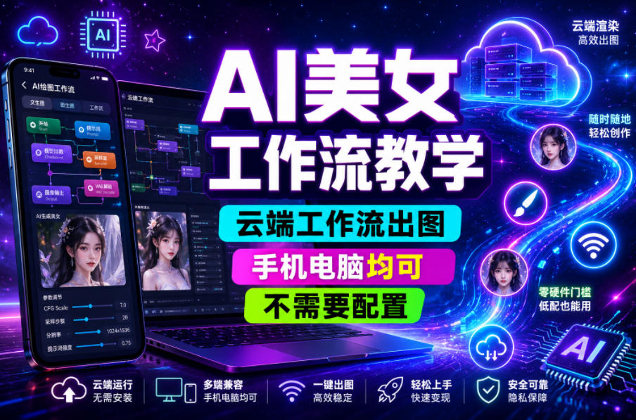 AI美女工作流教学,云端工作流出图,手机电脑均可,不需要配置,快速起号涨粉-星空网创资源