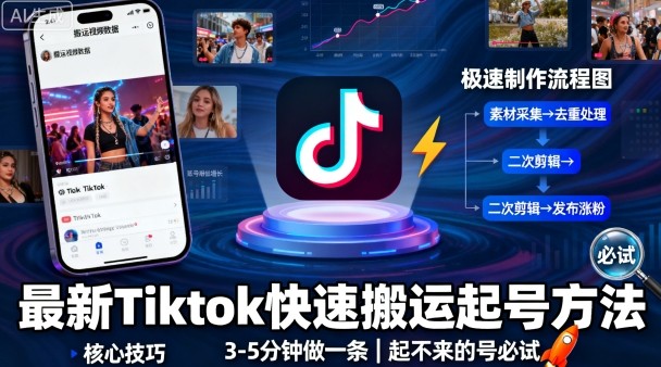 最新Tiktok快速搬运快速起号方法，3-5分钟做一条，起不来的号可以试试-星空网创资源