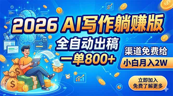 (18885期)2026 AI写作躺赚版:全自动出稿,一单800+,渠道免费给,小白月入2W-星空网创资源