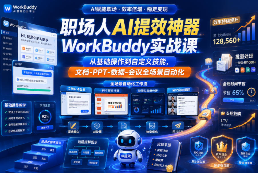 职场人AI提效神器WorkBuddy实战课,从基础操作到自定义技能,文档-PPT-数据-会议全场景自动化-星空网创资源