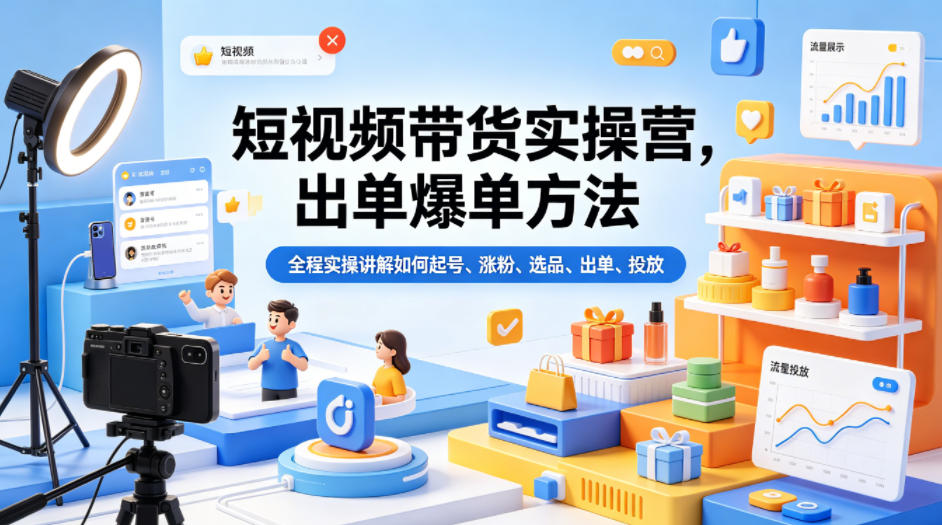 短视频带货实操营,出单爆单方法,全程实操讲解如何起号、涨粉、选品、出单、投放-星空网创资源