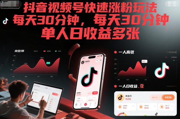 抖音视频号快速涨粉玩法，每天30分钟，单人日收益多张-星空网创资源