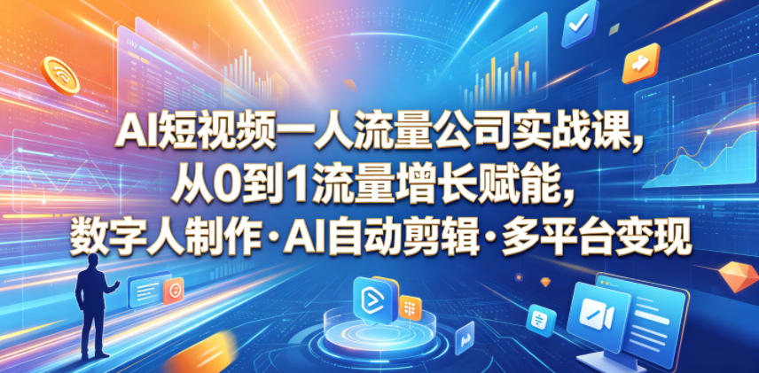AI短视频一人流量公司实战课,从0到1流量增长赋能,数字人制作・AI自动剪辑・多平台变现,一人做流量生意全落地教程-星空网创资源