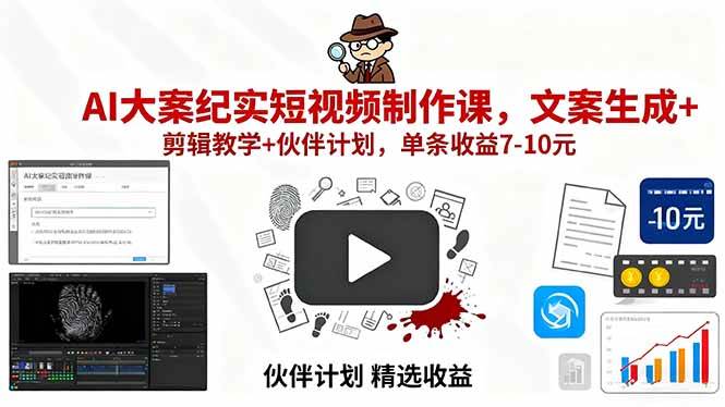 (15992期)AI大案纪实短视频制作课,文案生成+剪辑教学+伙伴计划,单条收益7-10元-星空网创资源