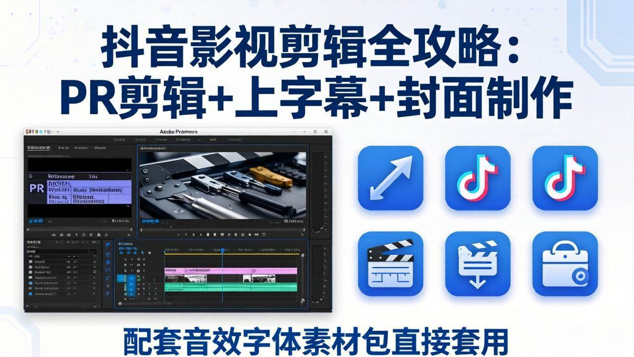(17868期)抖音影视剪辑全攻略:PR剪辑+上字幕+封面制作,配套音效字体素材包直接套用-星空网创资源