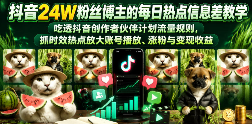 抖音24W粉丝博主的每日热点信息差教学,吃透创作者伙伴计划流量规则,抓时效热点放大账号播放、涨粉与变现收益(更新)-星空网创资源