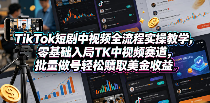 TikTok短剧中视频全流程实操教学，零基础入局TK中视频赛道，批量做号轻松賺取美金收益-星空网创资源