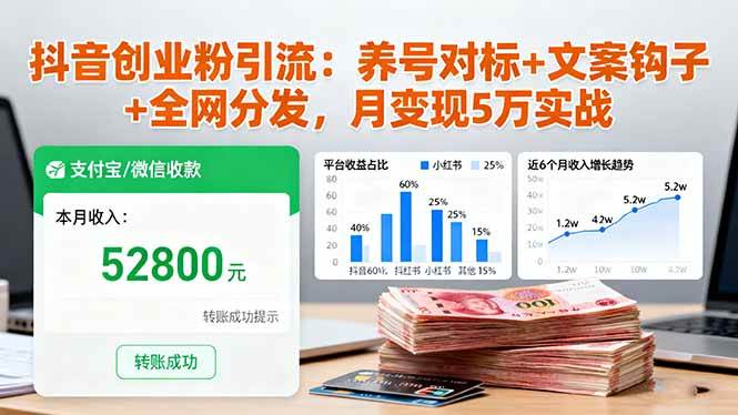 (16338期)抖音创业粉引流:养号对标+文案钩子+全网分发,月变现5万实战-星空网创资源