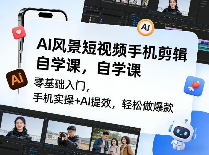 AI风景短视频手机剪辑自学课,零基础入门,手机实操+AI提效,轻松做爆款-星空网创资源