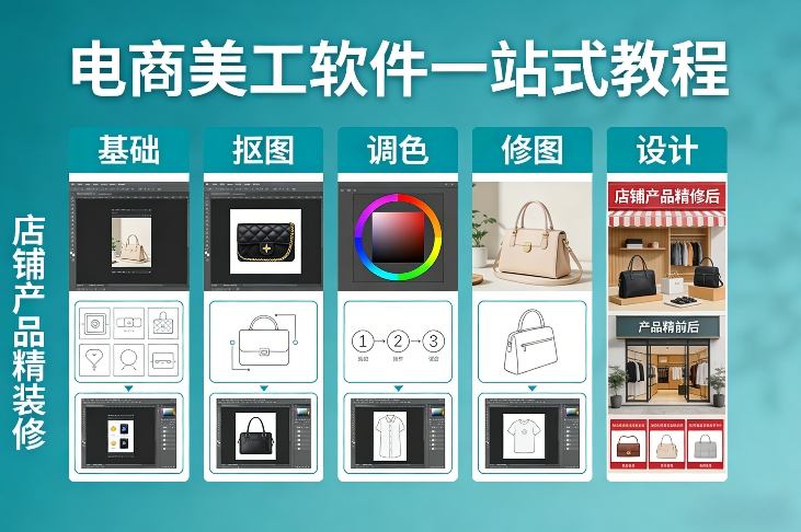电商美工软件一站式教程，基础/抠图/调色/修图/设计，店铺产品精装修-星空网创资源